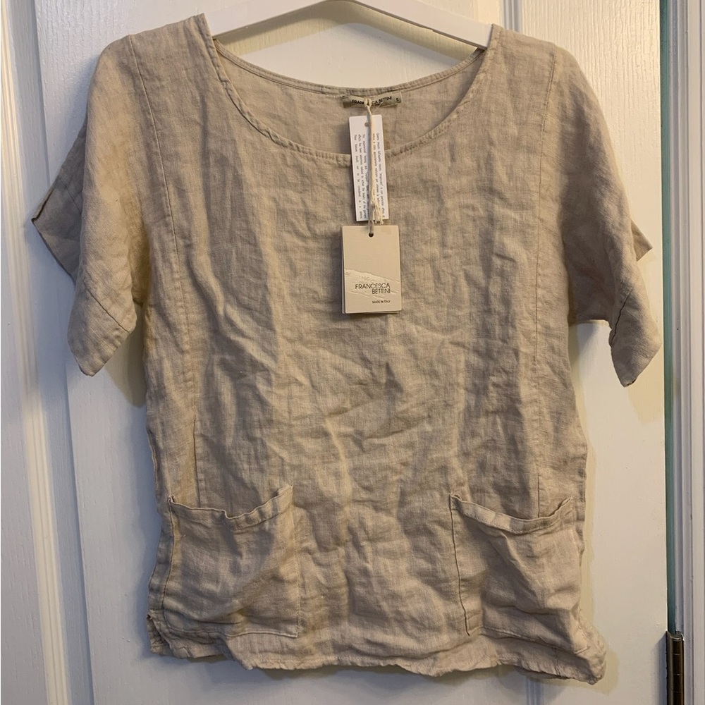 Francesca Bettini 100% Linen Beige Short Sleeve Patch Pocket Lagenlook Top S NWT